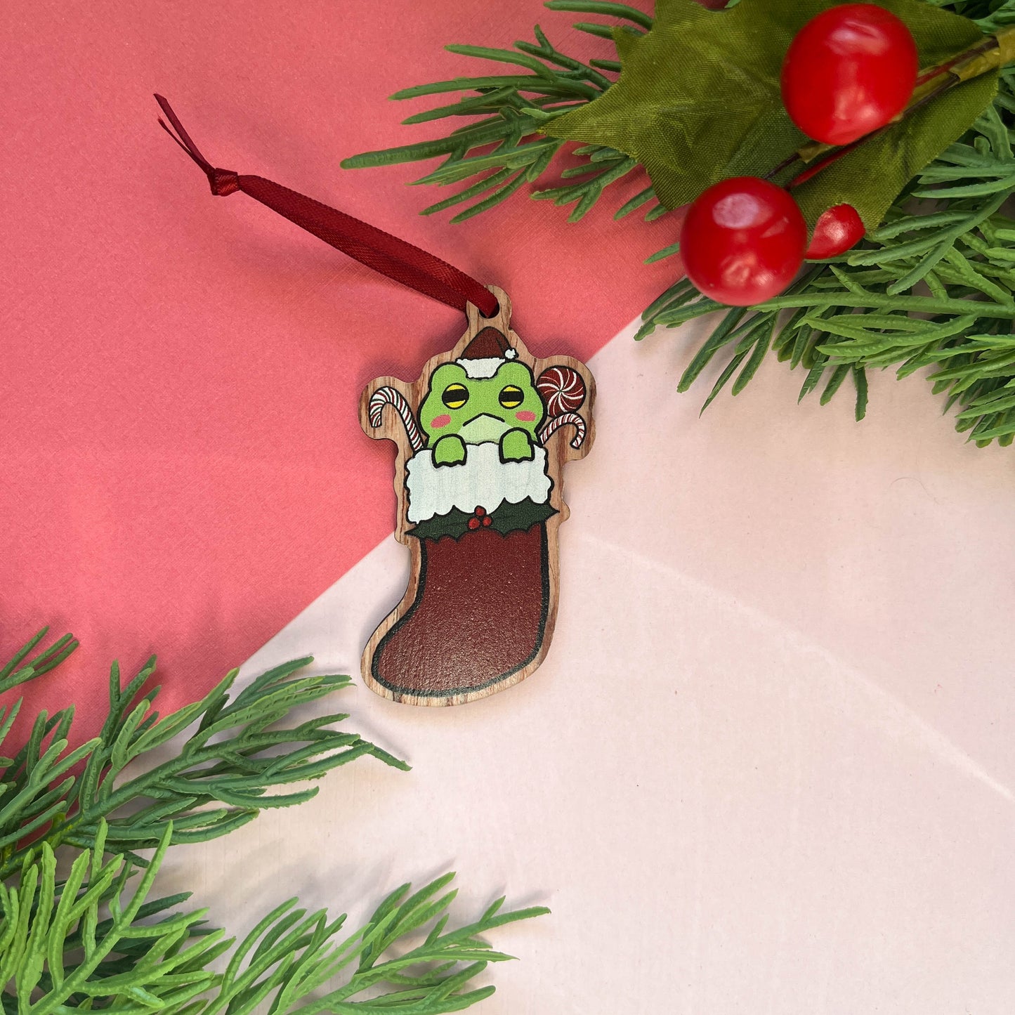 Christmas Stocking Wooden Ornament Frog