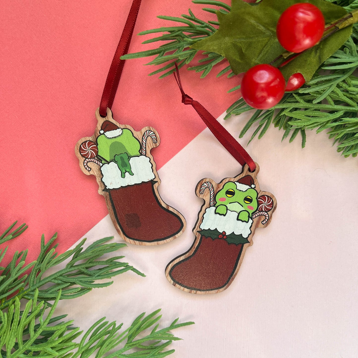 Christmas Stocking Wooden Ornament Frog